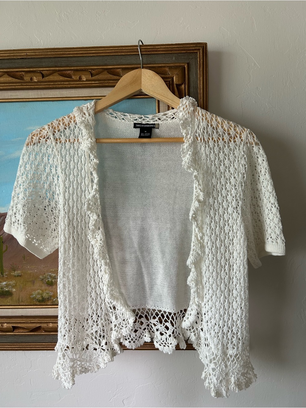 Sweaterworks White Crochet Open-Weave Short Sleeve Top